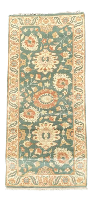 Late 20th Century Green Gold Ivory Beige Floral Persian Style Small Area Rug