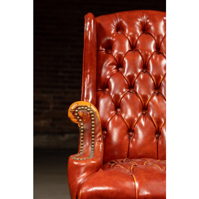 Animal Skin Vintage Wingback Tufted Armchair With Ottoman in Burnt Orange For Sale - Image 7 of 12