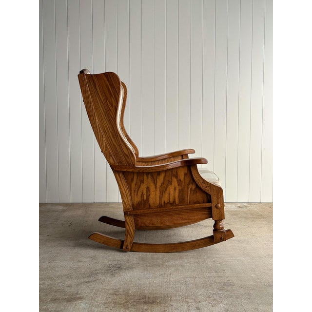 Studio Craft Oak Wingback Rocking Chair With Carved Rail, C. 1970s For Sale - Image 10 of 18