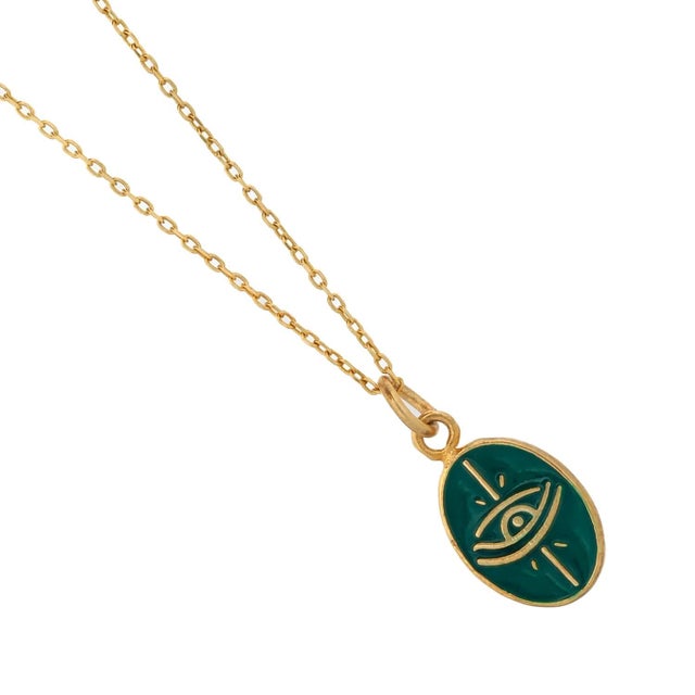 Metal Green Enamel Evil Eye Minimalist Gold Protective Necklace For Sale - Image 7 of 8
