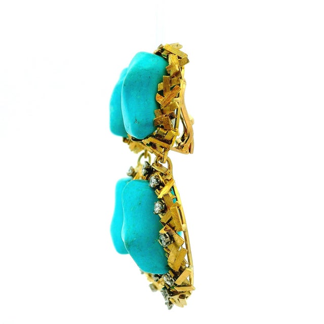 1970s Italian Modernist Turquoise Diamond Textured Gold Earrings, Circa 1970s, A Pair For Sale - Image 5 of 12