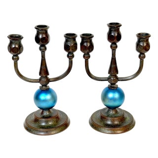 Pair Tiffany Studios No. 1312 Patinated Bronze & Blue Favrile Glass Candelabra For Sale