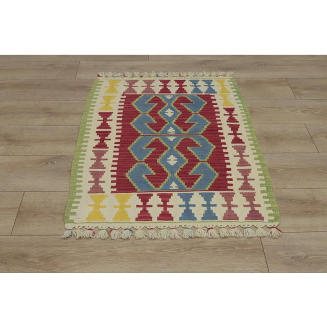 1960s Turkish Geometric Red and Blue Hand Knotted Kilim Rug For Sale - Image 13 of 13
