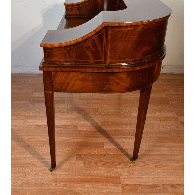 1930s English Regency Mahogany Inlaid & Leather Top Carlton Writing Desk For Sale - Image 10 of 18