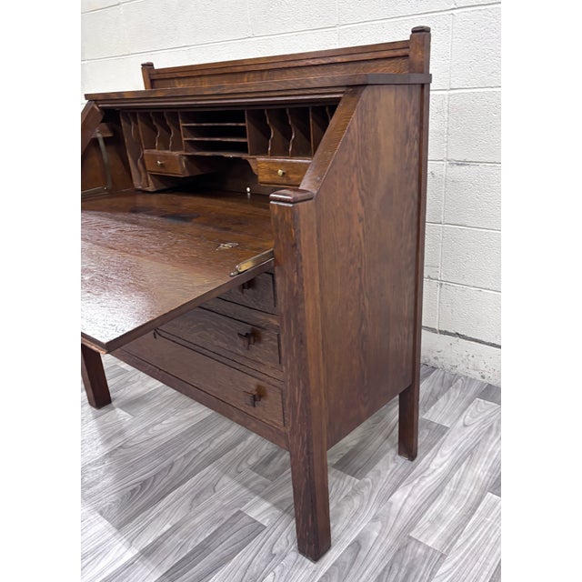 Brown Antique Cron-Kills Co. Arts & Crafts Mission Tiger Oak Secretary Desk For Sale - Image 8 of 13