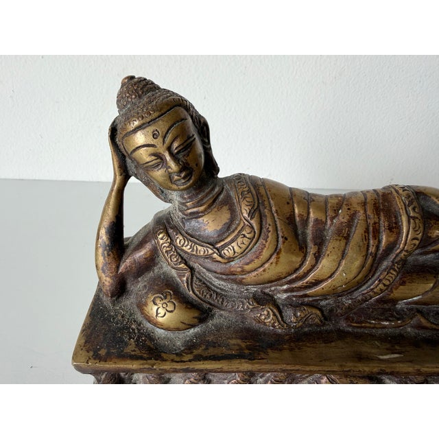 Hollywood Regency Vintage Asian Reclining Buddha Bronze Sculpture With Ornate Relief Base For Sale - Image 3 of 12
