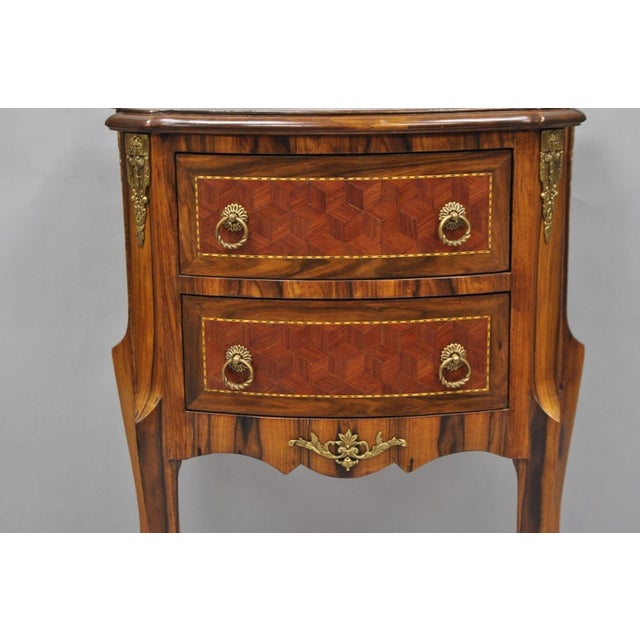 Vintage French Louis XV Style Marquetry Inlay 2 Drawer Nightstand Commode Table For Sale - Image 4 of 16