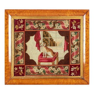 Circa 1900 Antique Needlepoint of Dog in Tiger Maple Frame For Sale