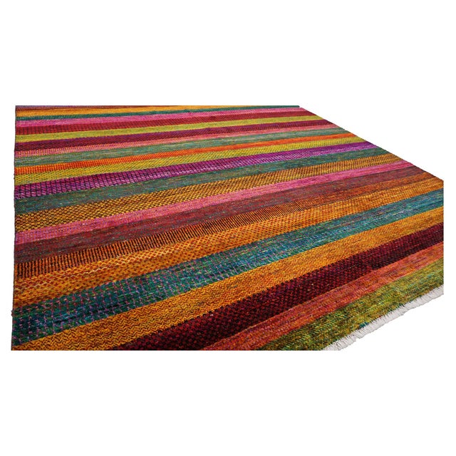 Early 21st Century Indian Modern Sari Silk Ikat 9x12 Vibrant Multicolor Handmade Area Rug #9902755 For Sale - Image 5 of 6