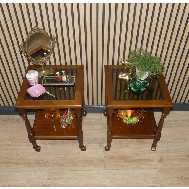Vintage Square Bedside Tables in Wood and Glass on Wheels, 1960s-1970s, Set of 2 For Sale - Image 9 of 11