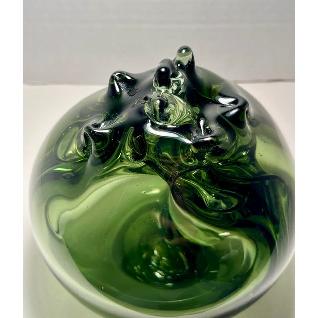 Abstract MCM Signed Robert C. Fritz Studio Art Glass Sculpture Olive Green Abstract 6”x6" For Sale - Image 3 of 6