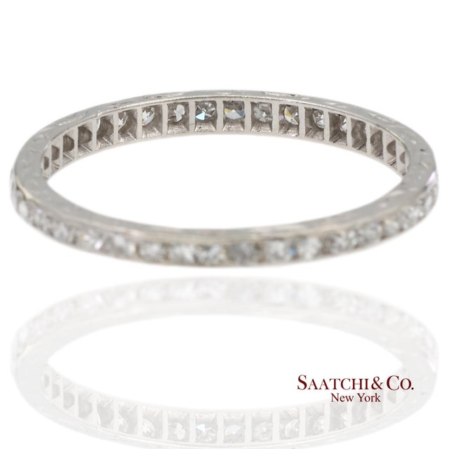 Contemporary Vintage Platinum 0.60 Ct Natural Diamond HandMade Engraved Eternity Band Ring, Size 7.25 For Sale - Image 3 of 8