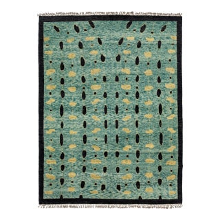 Azure Rain Modern Abstract Teal & Gold Moroccan Style Wool Rug 10x14 For Sale
