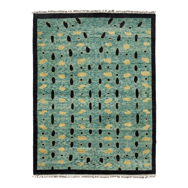 Azure Rain Modern Abstract Teal & Gold Moroccan Style Wool Rug 10x14 For Sale