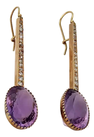 Diamond & Amethyst 18k Rose Yellow Gold Long Dangle Earrings, 2 Pieces