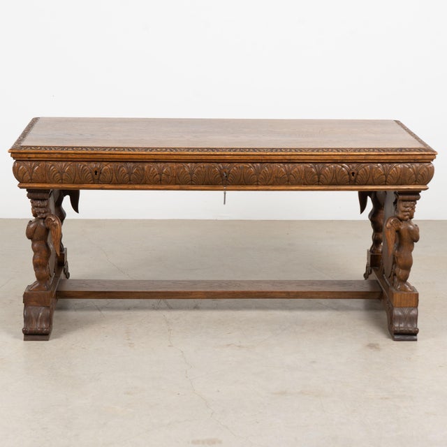 Traditional 19th Century Danish Carved Oak Desk With Angels and Trestle Base For Sale - Image 3 of 18