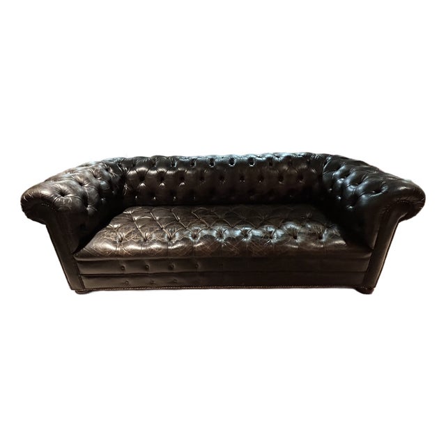 Large Vintage Black Leather Chesterfield Sofa For Sale