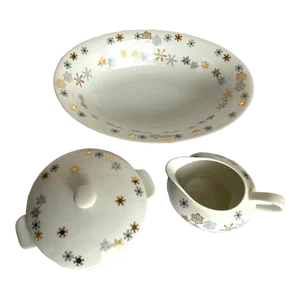 1950s Lipper & Mann Snow Star Gold, Blue Snowflakes Japan 3 Piece Serving Set