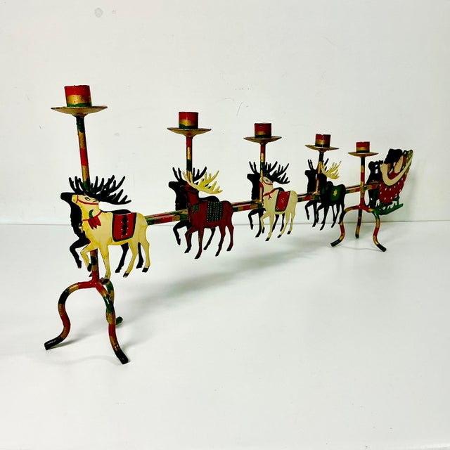 1970s Vintage Hollywood Regency Boho Chic Italian Santa & Reindeer Sleigh Tole Candle Holder, Monumental Christmas For Sale - Image 6 of 7