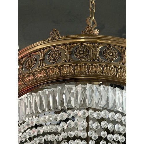 Antique Beaux Arts Bronze Crystal Basket Four Light Chandelier Rewired For Sale - Image 9 of 10