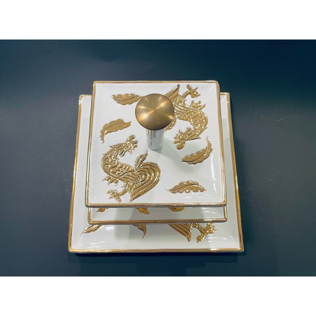 Gold White Porcelain Gold Rooster Tri Level Serving Tray Exclusive of Italy Saks Fifth Avenue For Sale - Image 8 of 9