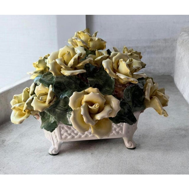 Mid-Century Modern Vintage Italian Capodimonte-Style Porcelain Floral Arrangement Yellow Roses and Green Leaves Set Inside a White Textured Ceramic Basket. For Sale - Image 3 of 16