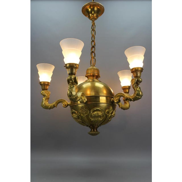 Art Deco Bronze and Frosted Glass Chandelier, 1920 For Sale - Image 3 of 18
