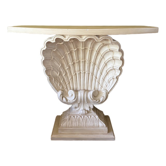 Attributed Grosfeld House 1940’s Hollywood Regency Shell Demi Lune Console Table For Sale