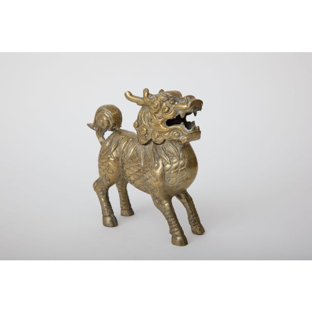 Intricately carved hollow brass foo dog with removable head. Could be used as an incense burner.