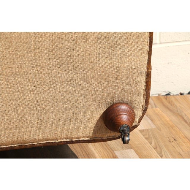 Industrial Distressed Brown Leather Chesterfield Sofa – Three Seat Tufted Sofa With Nailhead Trim & Casters For Sale - Image 18 of 18