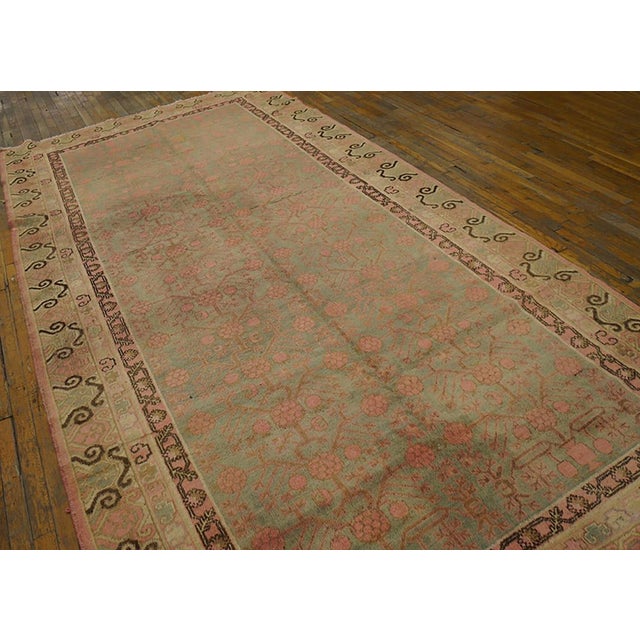 Chinese 1930s Turquiose Rose Geometric Antique Chinese Khotan Rug 6' 2" X 12' 2" Handknotted Wool Carpet For Sale - Image 3 of 5
