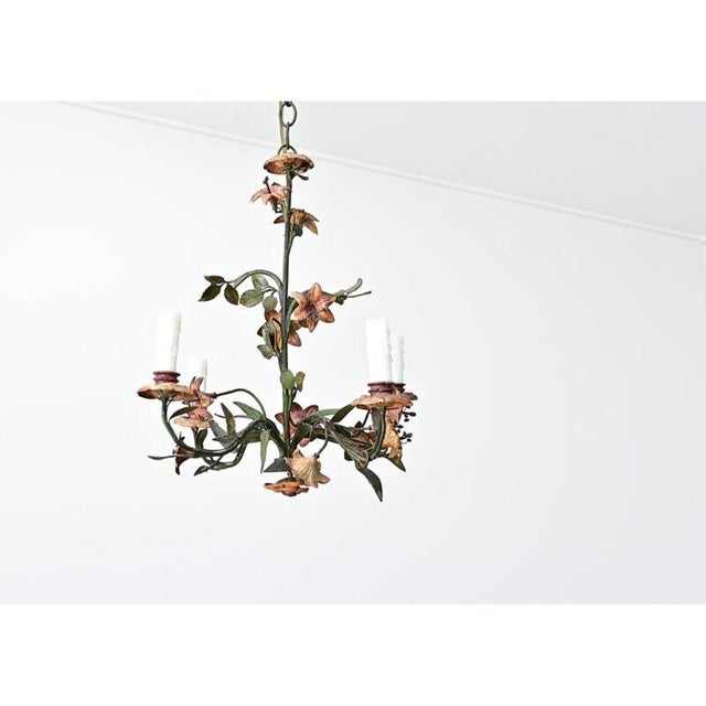 French Vintage Tôle Painted Floral Chandelier For Sale - Image 10 of 13