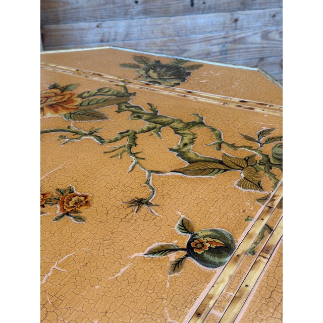 Mustard Vintage Coastal Tortoise Bamboo Octagonal Dining Table With Decoupage Floral Top For Sale - Image 8 of 12
