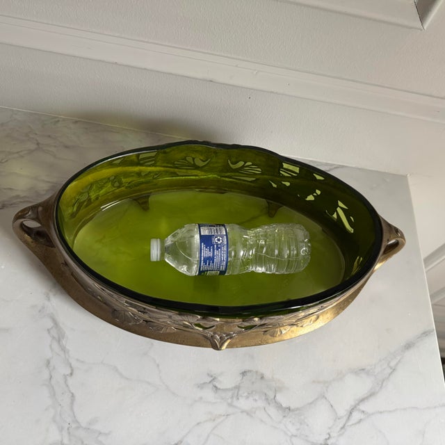Vintage Art Nouveau Centerpiece Bowl With Green Glass Insert and Flowing Lines & Ginkgo Leaf Motifs 18.75"x9.5"x4.25" For Sale - Image 10 of 13