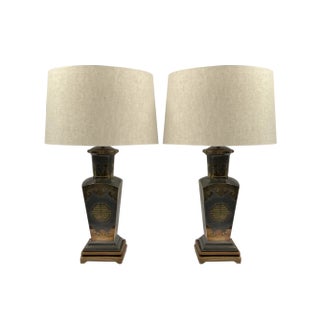 Metal Lamps with Brass Applications on Wooden Bases, 1970s For Sale