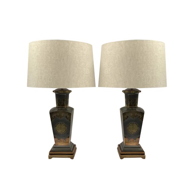 Metal Lamps with Brass Applications on Wooden Bases, 1970s For Sale