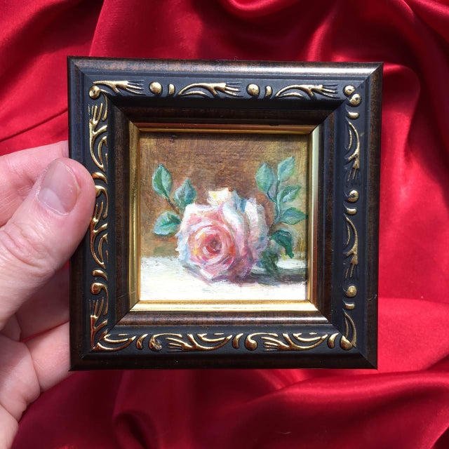 Realism Set of 3 Miniature Rose Oil Paintings Vintage Frames Tiny Floral Wall Art Roses For Sale - Image 3 of 14
