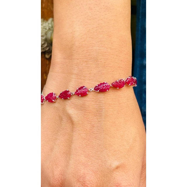 Red Leaf Shape Ruby and Diamond Link Chain Bracelet in 18k White Gold For Sale - Image 8 of 12