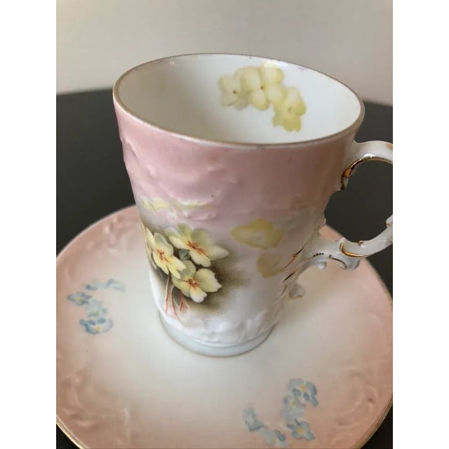 Victorian Antique Austrian Belle Epoque Pink Floral Porcelain Coffee Espresso Tea Cup and Saucer by Carlsbad, Ca. 19th Century For Sale - Image 3 of 12