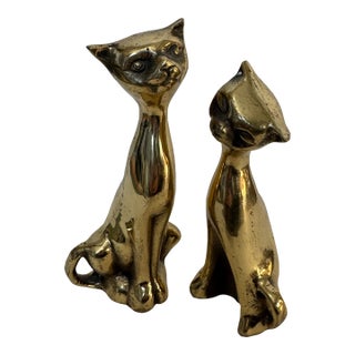 1960s Mid-Century Modern Polished Brass Stylized Cat Figurines - Pair For Sale