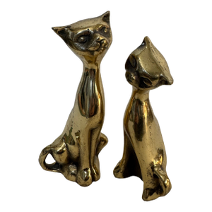 1960s Mid-Century Modern Polished Brass Stylized Cat Figurines - Pair