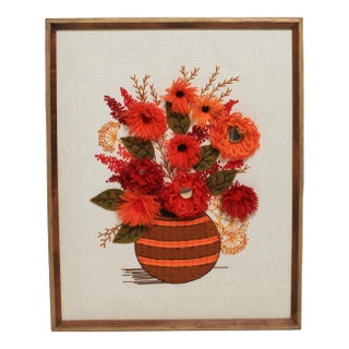 1970's Crewel Embroidery Floral Wall Hanging For Sale