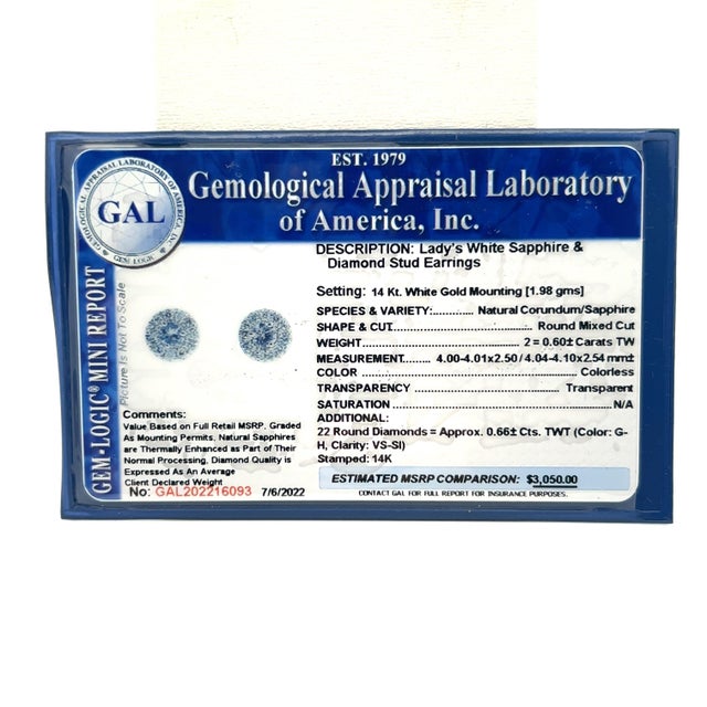 Natural White Sapphire Diamond Stud Earrings 14k W Gold 1.26 TCW Certified For Sale In New York - Image 6 of 8