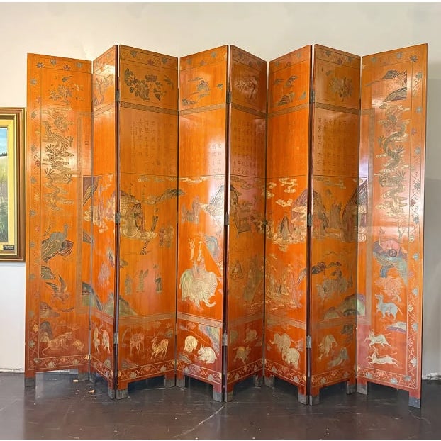 Asian Chinese Lacquered Eight-Panel Folding Screen For Sale - Image 3 of 11