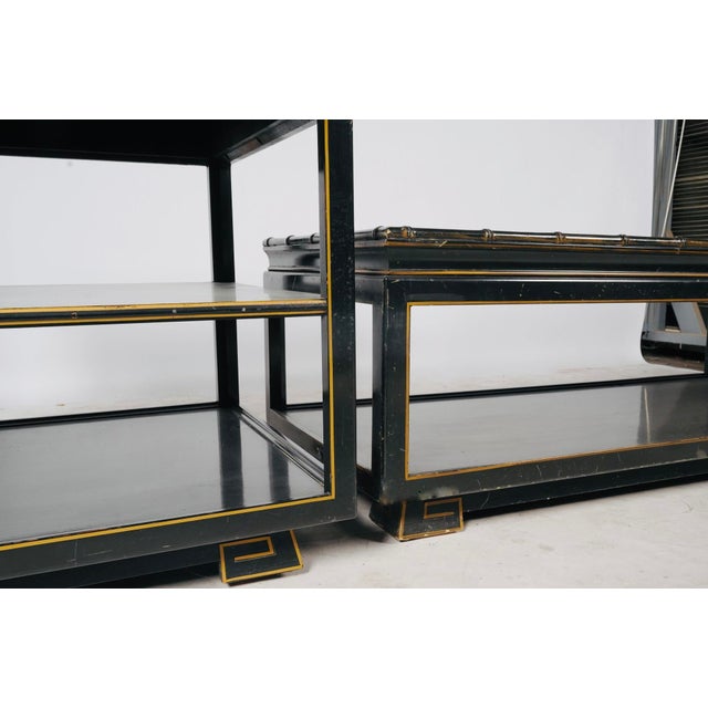 1970s Hollywood Regency Black Lacquer and Chartreuse Leather Table Set For Sale In Los Angeles - Image 6 of 8
