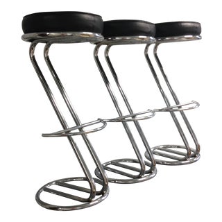 Vintage Art Deco Chrome & Leather Bar Stools - Set of 3 For Sale