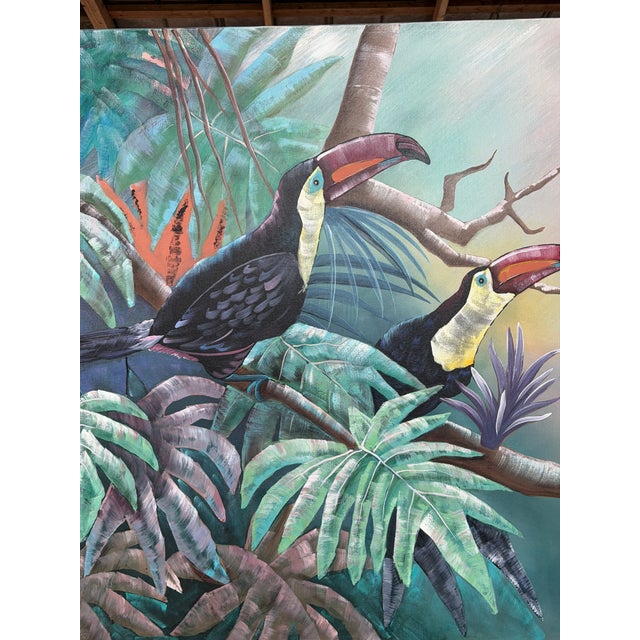 Monumental Vintage Tropical Toucan Painting on Canvas For Sale - Image 4 of 11