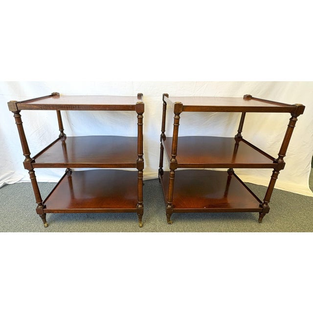 Traditional Vintage Regency Style Wood Three Tiered Library Side Tables on Casters- A Pair For Sale - Image 3 of 18