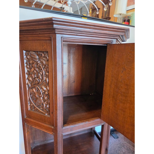 Brown Gothic Oak French Highly Carved Liquor Cabinet With Gothic Foliage and Original 1880s Key For Sale - Image 8 of 13