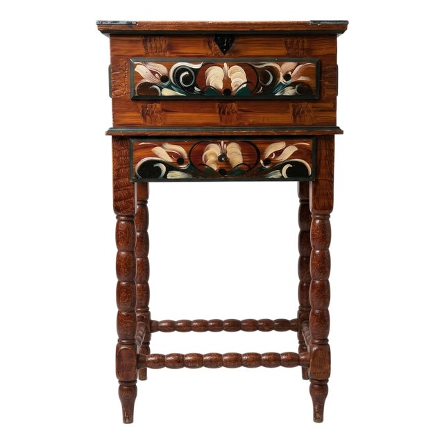 Vintage Swedish Sewing Table Syskrin Scandinavian Folk Art Kurbits Nightstand For Sale